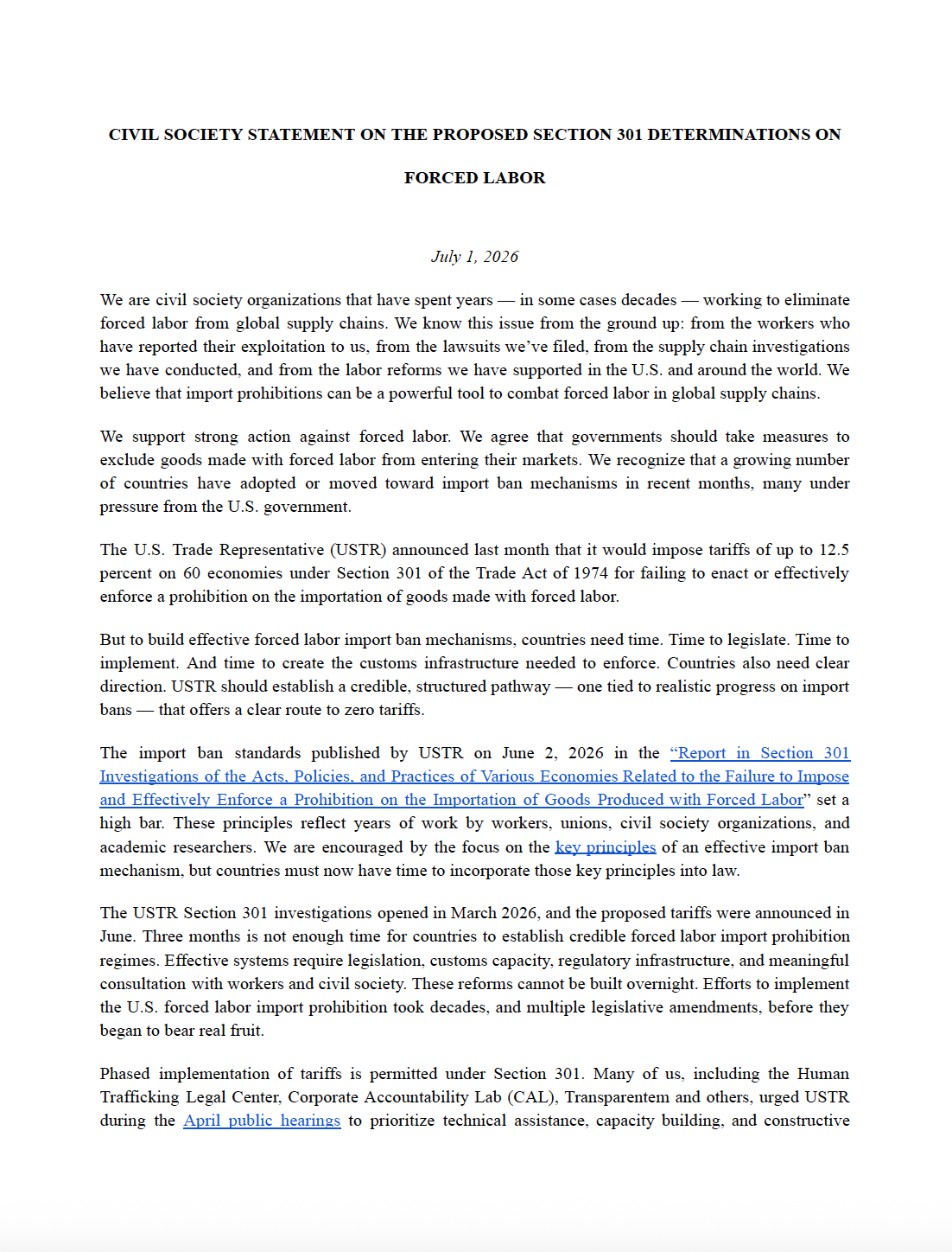 Civil Society Statement On The Proposed Section 301 Determinations On Forced Labor